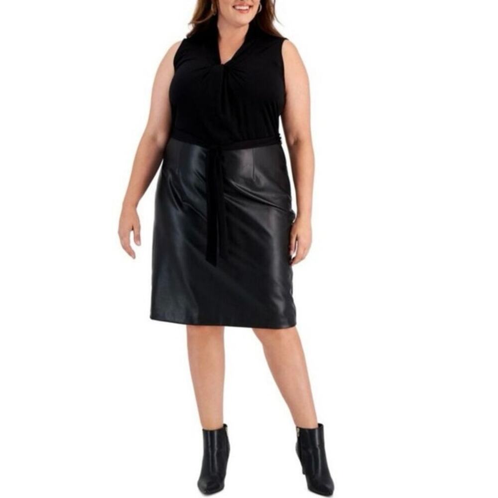 Kasper Black Faux Leather Mixed Media Knee-Length Sheath Dress nwt 20W - Picture 2 of 10